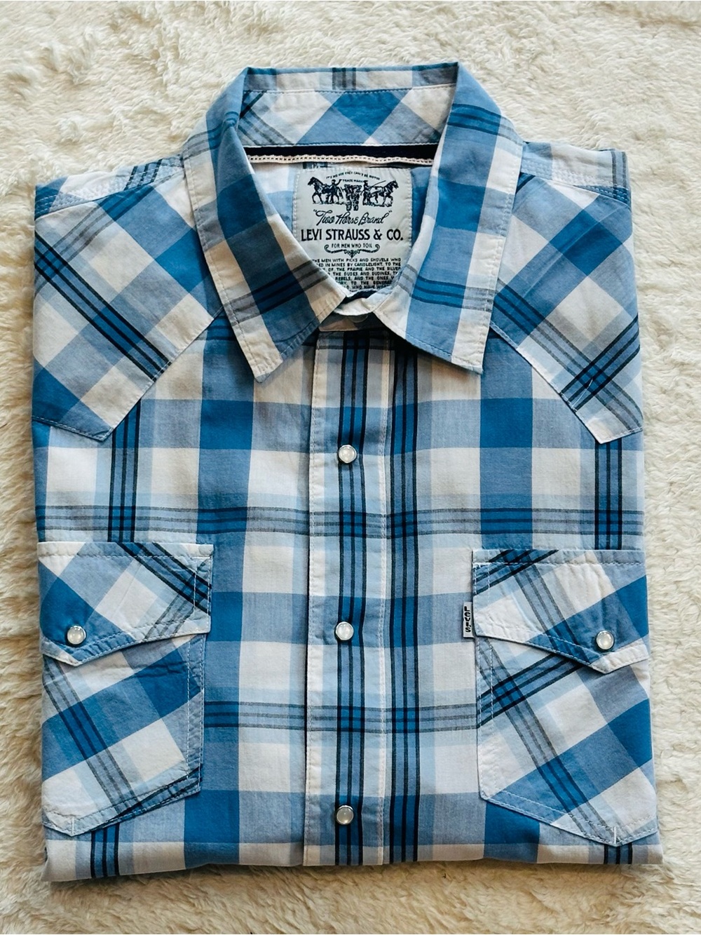 Levi's Two Horse Brand Men's Blue Plaid Western Pearl Snap Shirt Large 22x29.5